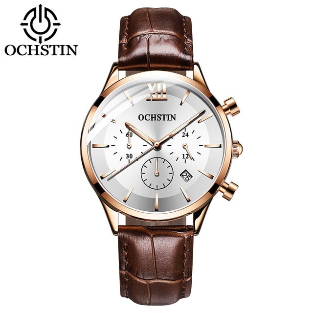 OCHSTIN Top Brand Luxury Watch Men Rose Gold Leather Strap  Wrist Watch Fashion Business Clock Quartz Watch Relogio Masculino