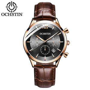 OCHSTIN Top Brand Luxury Watch Men Rose Gold Leather Strap  Wrist Watch Fashion Business Clock Quartz Watch Relogio Masculino