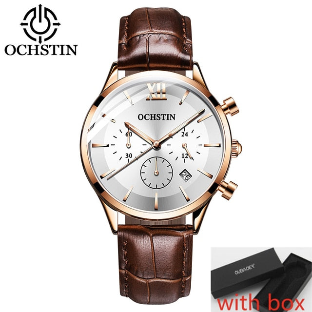 OCHSTIN Top Brand Luxury Watch Men Rose Gold Leather Strap  Wrist Watch Fashion Business Clock Quartz Watch Relogio Masculino