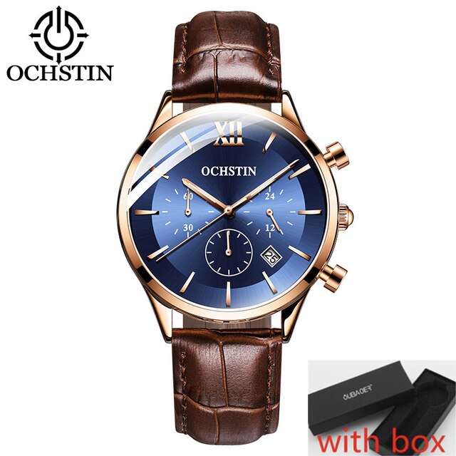 OCHSTIN Top Brand Luxury Watch Men Rose Gold Leather Strap  Wrist Watch Fashion Business Clock Quartz Watch Relogio Masculino