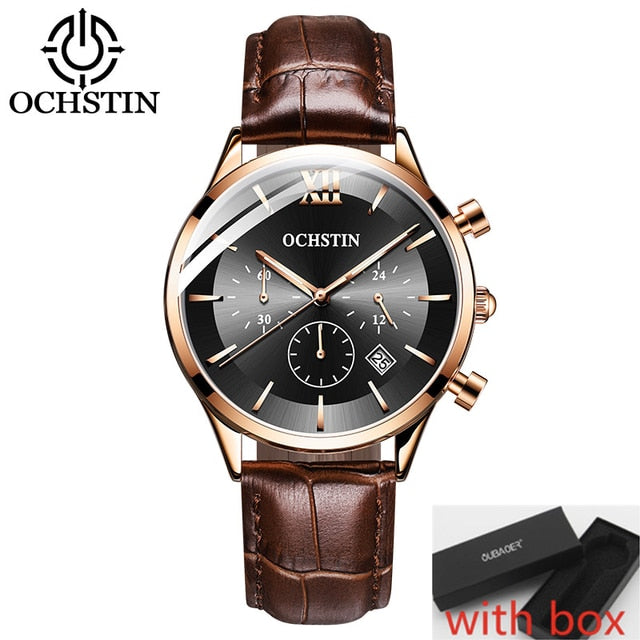 OCHSTIN Top Brand Luxury Watch Men Rose Gold Leather Strap  Wrist Watch Fashion Business Clock Quartz Watch Relogio Masculino