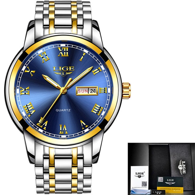 LIGE Watch Men Fashion Sports Quartz Full Steel Gold Business Mens Watches Top Brand Luxury Waterproof Watch Relogio Masculino