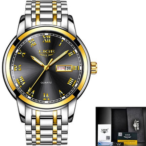 LIGE Watch Men Fashion Sports Quartz Full Steel Gold Business Mens Watches Top Brand Luxury Waterproof Watch Relogio Masculino