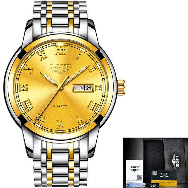 LIGE Watch Men Fashion Sports Quartz Full Steel Gold Business Mens Watches Top Brand Luxury Waterproof Watch Relogio Masculino