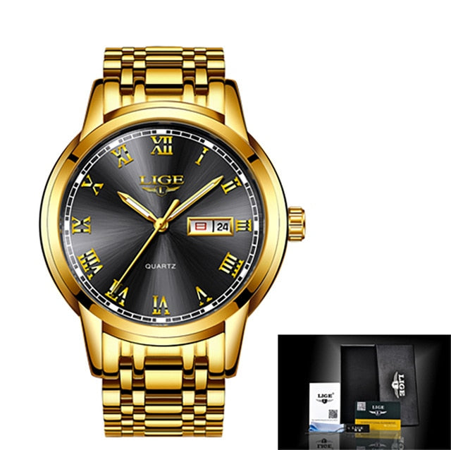 LIGE Watch Men Fashion Sports Quartz Full Steel Gold Business Mens Watches Top Brand Luxury Waterproof Watch Relogio Masculino