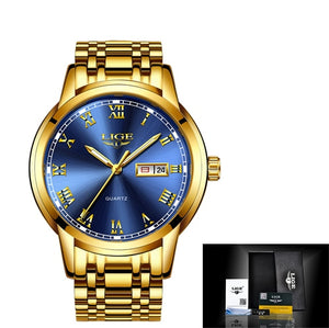 LIGE Watch Men Fashion Sports Quartz Full Steel Gold Business Mens Watches Top Brand Luxury Waterproof Watch Relogio Masculino