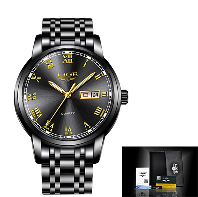 LIGE Watch Men Fashion Sports Quartz Full Steel Gold Business Mens Watches Top Brand Luxury Waterproof Watch Relogio Masculino