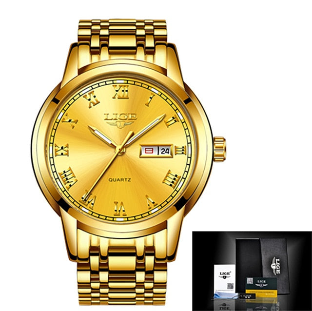 LIGE Watch Men Fashion Sports Quartz Full Steel Gold Business Mens Watches Top Brand Luxury Waterproof Watch Relogio Masculino