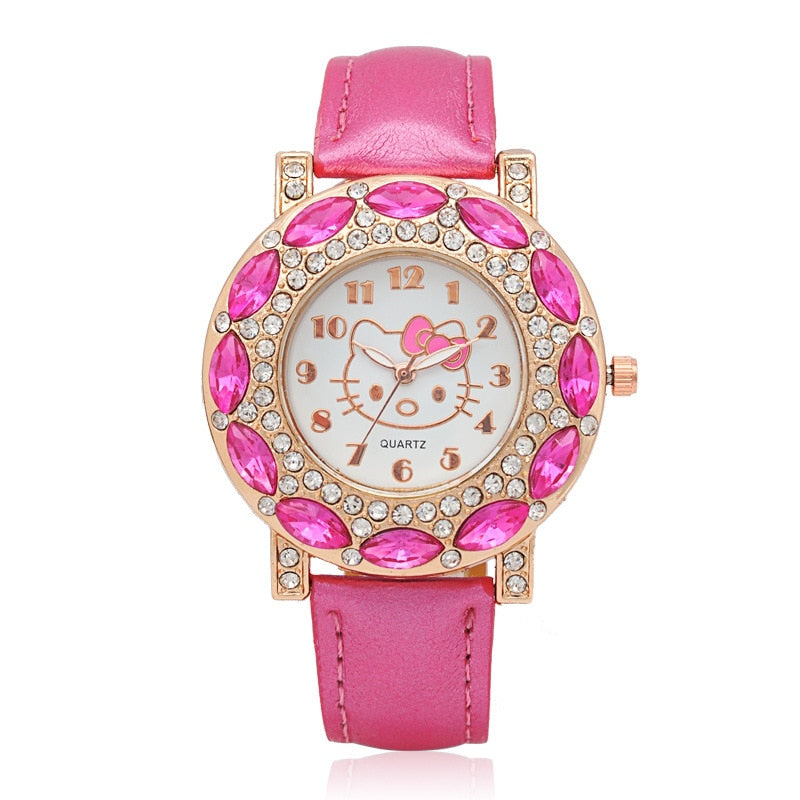 Hello Kitty Kids Watches Children Cute Hello Kitty Leather Quartz Wrist Watches for Girls Clock