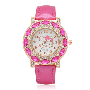Hello Kitty Kids Watches Children Cute Hello Kitty Leather Quartz Wrist Watches for Girls Clock