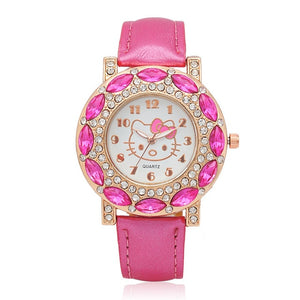 Hello Kitty Kids Watches Children Cute Hello Kitty Leather Quartz Wrist Watches for Girls Clock
