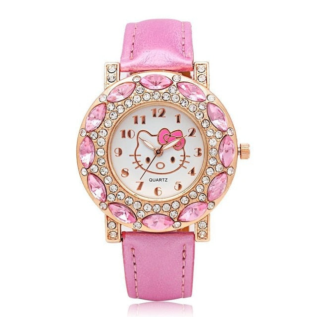 Hello Kitty Kids Watches Children Cute Hello Kitty Leather Quartz Wrist Watches for Girls Clock