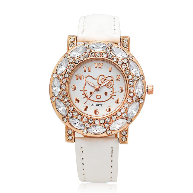 Hello Kitty Kids Watches Children Cute Hello Kitty Leather Quartz Wrist Watches for Girls Clock