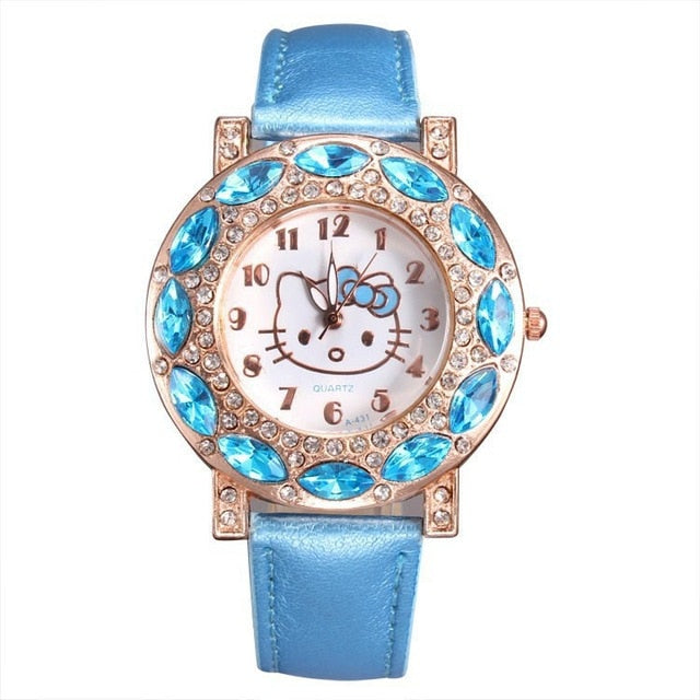Hello Kitty Kids Watches Children Cute Hello Kitty Leather Quartz Wrist Watches for Girls Clock