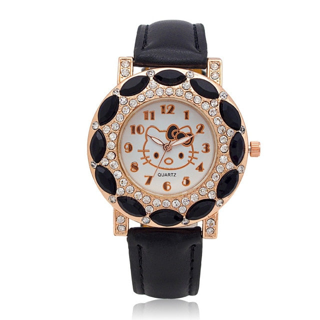 Hello Kitty Kids Watches Children Cute Hello Kitty Leather Quartz Wrist Watches for Girls Clock